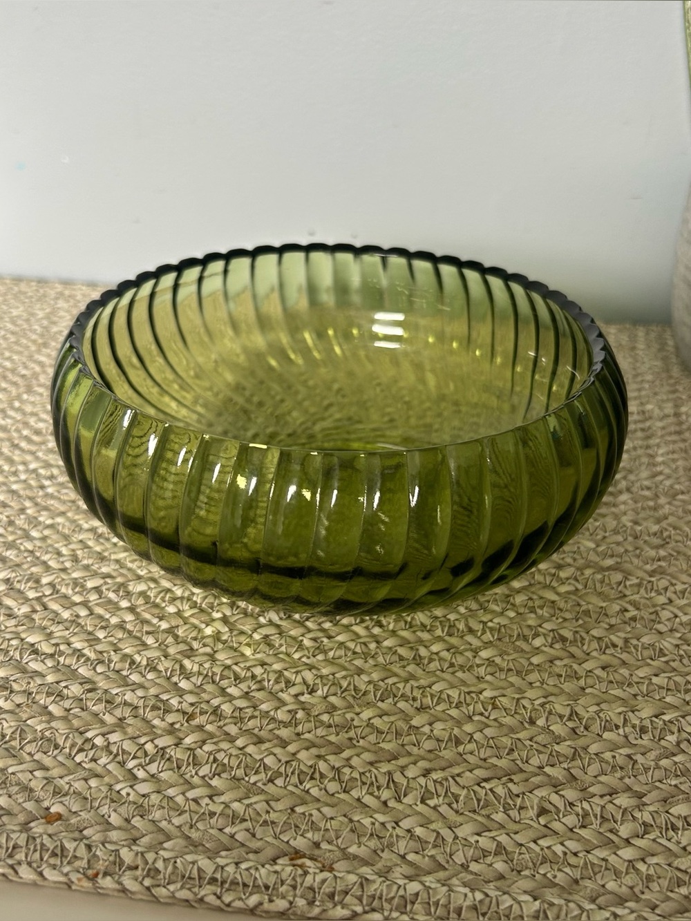 Vintage Olive Green Ribbed Glass Bowl 
Small MCM Catchall